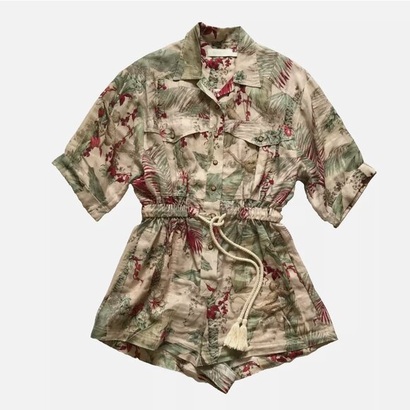 Zimmermann Aliane Floral Romper Womens 1 Small Green Short Sleeve Linen Belted - Picture 4 of 13